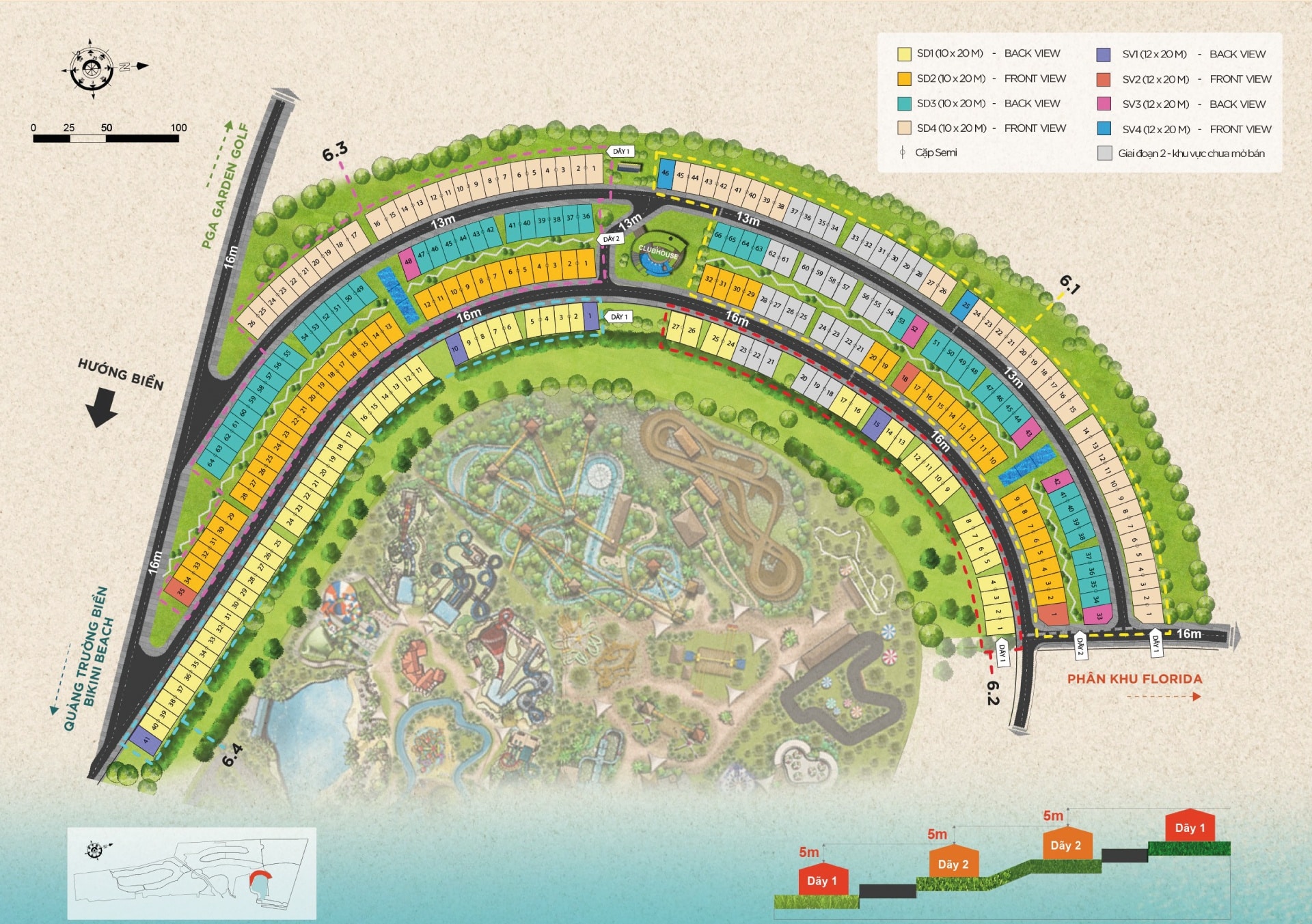 Mặt bằng Waikiki Novaworld Phan Thiết** Waikiki Novaworld Phan Thiết được quy hoạch với khoảng **270 căn biệt thự**, sở hữu không gian riêng tư và mật độ sản phẩm giới hạn. Mặt bằng phân khu được bố trí hài hòa giữa các dãy biệt thự, cảnh quan và không gian xanh. Một số sản phẩm có lợi thế **tầm nhìn hướng biển Hàm Tiến hoặc công viên Ocean Park**, mang đến không gian thoáng đãng và giá trị cảnh quan nổi bật. Với quy hoạch đồng bộ, thiết kế chú trọng không gian nghỉ dưỡng và số lượng sản phẩm giới hạn, mặt bằng Waikiki phù hợp với khách hàng tìm kiếm **biệt thự nghỉ dưỡng ven biển** tại NovaWorld Phan Thiết.